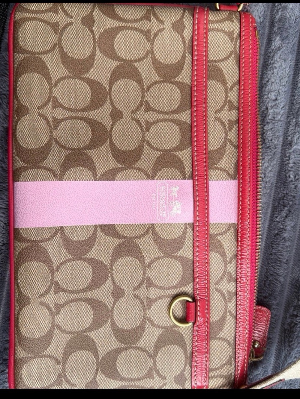 Coach Brown Signature Canvas Crossbody with Pink Stripe and Red Trim